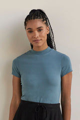 Fair Indigo - Slim Organic Short Sleeve Mock Neck Top - Tops - Afterglow Market